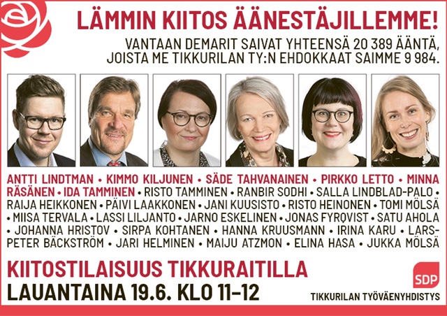 Kiitos äänestäjille! Kiitostilaisuus Tikkuraitilla 19.6. klo 11